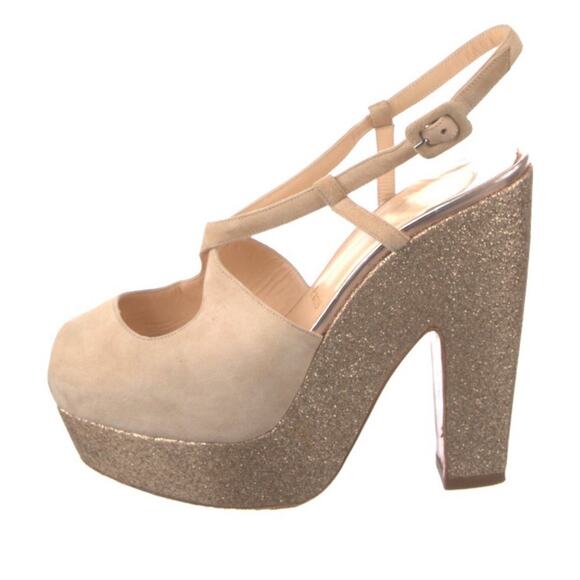 CHRISTIAN LOUBOUTIN Beige Suede Glitter Platform Wedge Sandals Size IT 36/US 6 - Picture 4 of 5